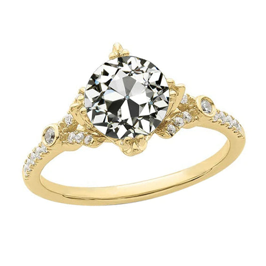 Women's Ring Round Old Mine Cut Real Diamond 3.50 Carats Gold 14K Jewelry