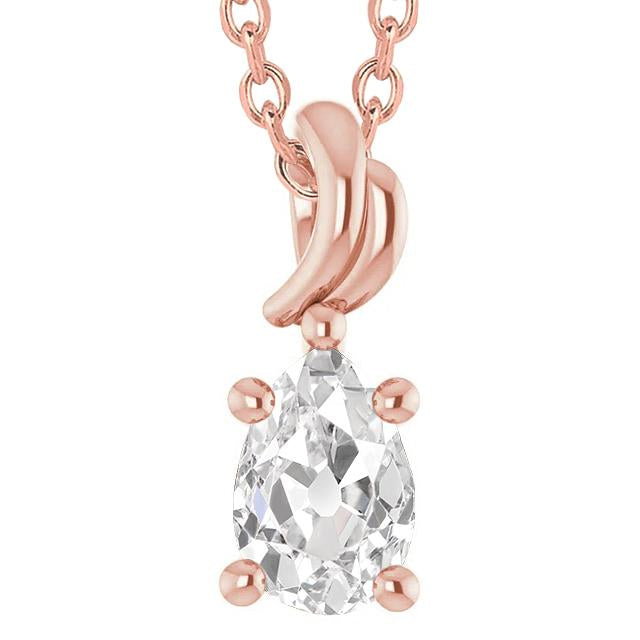 Women's Solitaire Genuine Diamond Pendant Pear Old Miner 3 Carats Rose Gold