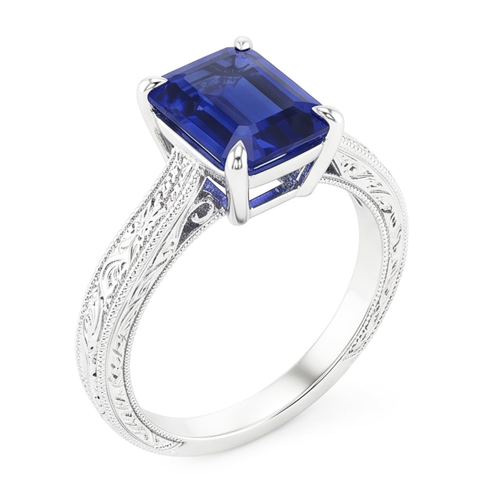 Womens Solitaire Ring Emerald Blue Sapphire Filigree Shank 2.50 Carats