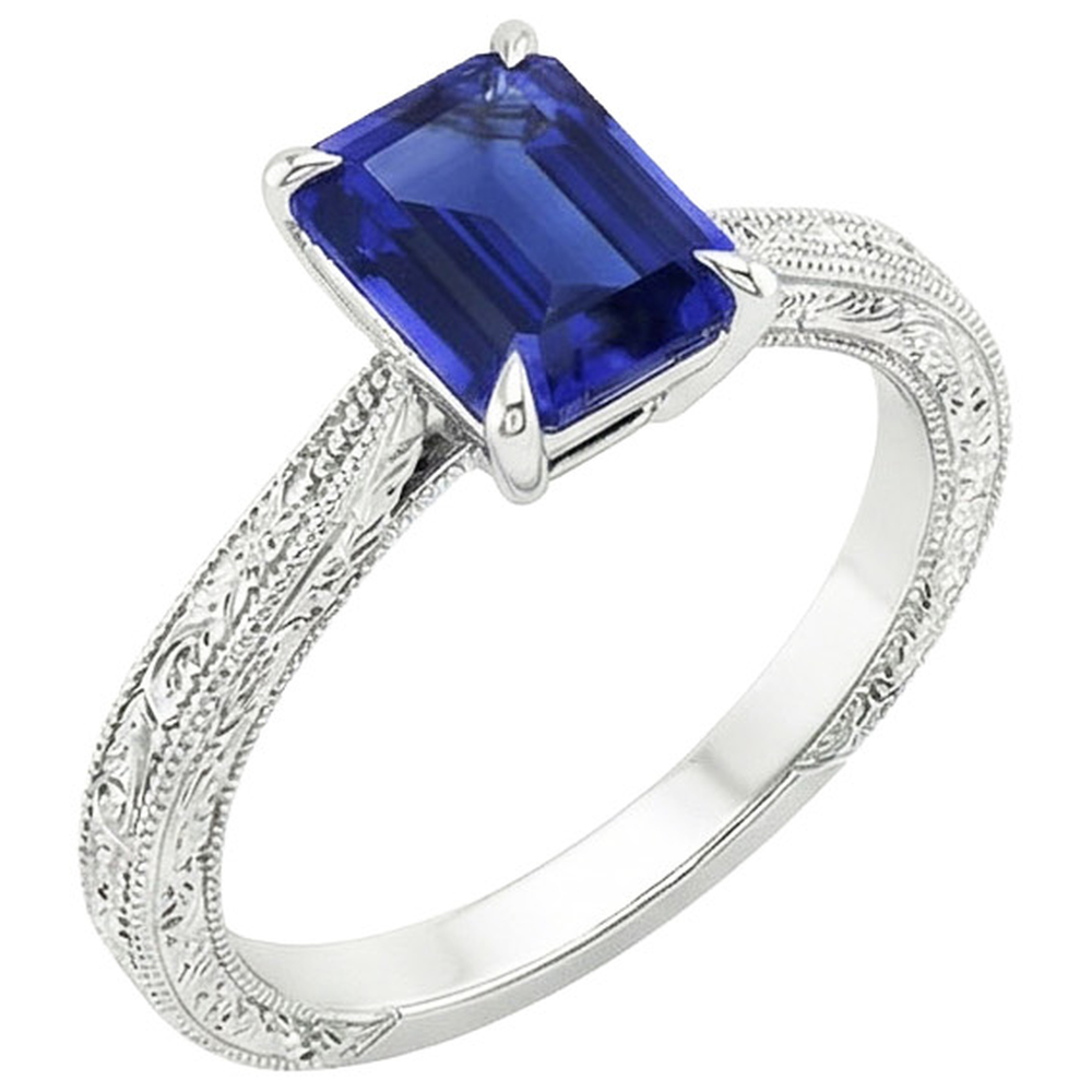 Womens Solitaire Ring Emerald Blue Sapphire Filigree Shank 2.50 Carats