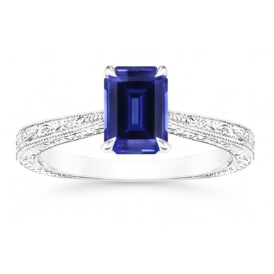 Womens Solitaire Ring Emerald Blue Sapphire Filigree Shank 2.50 Carats