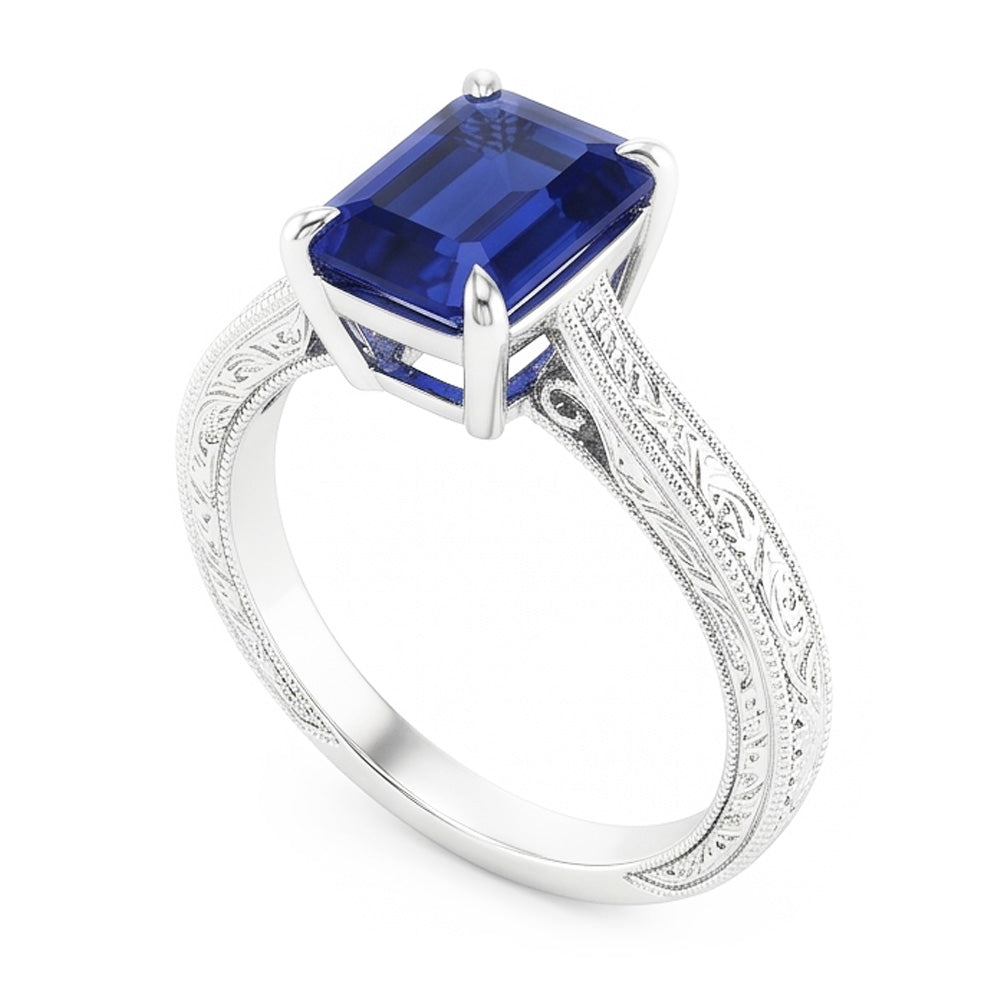 Womens Solitaire Ring Emerald Blue Sapphire Filigree Shank 2.50 Carats