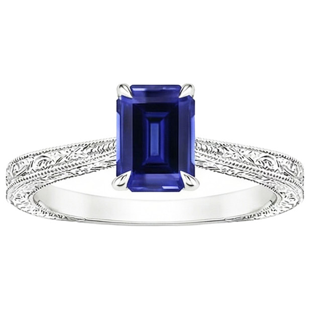 Womens Solitaire Ring Emerald Blue Sapphire Filigree Shank 2.50 Carats