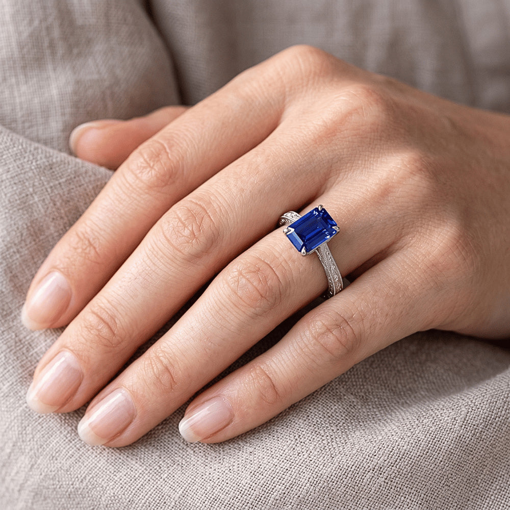 Womens Solitaire Ring Emerald Blue Sapphire Filigree Shank 2.50 Carats