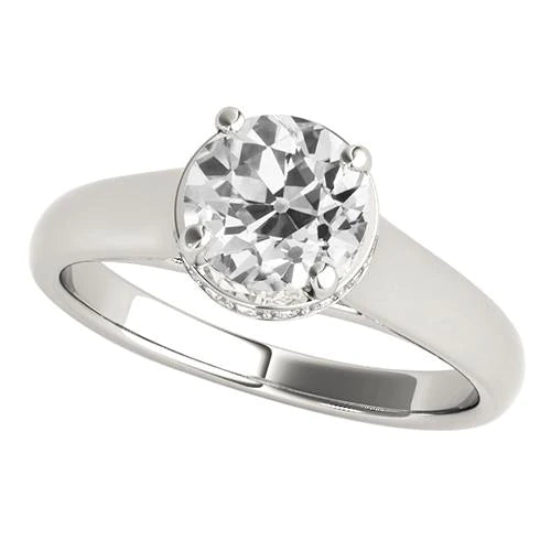Women's Solitaire Ring Old Mine Cut Real Diamond 4 Prong Set 2 Carats
