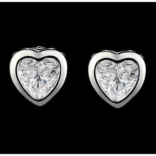 Women's Stud Earrings Heart Real Diamond Bezel Set 2 Carats