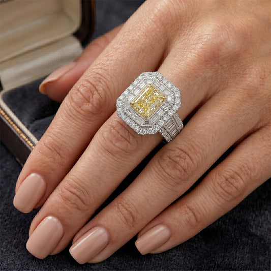 Yellow Canary Diamond Halo Ring – Pavé 2 ct Two-Tone 14K Gold