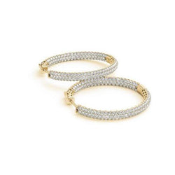Yellow Gold 14K 7 Carats Round Cut Real Diamonds Hoop Earrings New