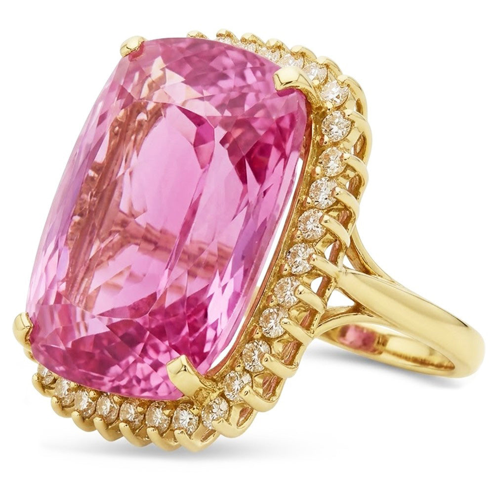 Yellow Gold 14K Pink Kunzite 44.35 Ct Natural Earth Mined Diamond Gemstone Ring Jewellery
