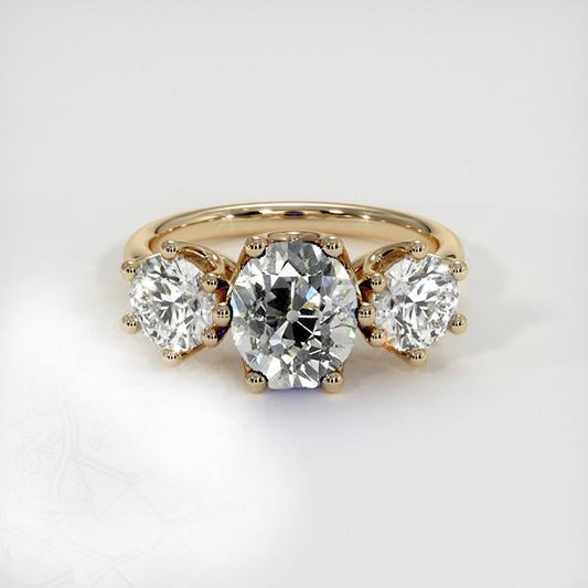 Yellow Gold 3 Stone Oval Old Mine Cut Real Diamond Ring 3.75 Carats