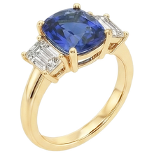 Yellow Gold 3 Stone Ring Cushion Ceylon Sapphire & Natural Earth Mined Diamonds 9 Carats