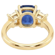Yellow Gold 3 Stone Ring Cushion Ceylon Sapphire & Natural Earth Mined Diamonds 9 Carats