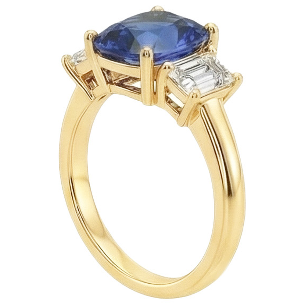 Yellow Gold 3 Stone Ring Cushion Ceylon Sapphire & Natural Earth Mined Diamonds 9 Carats