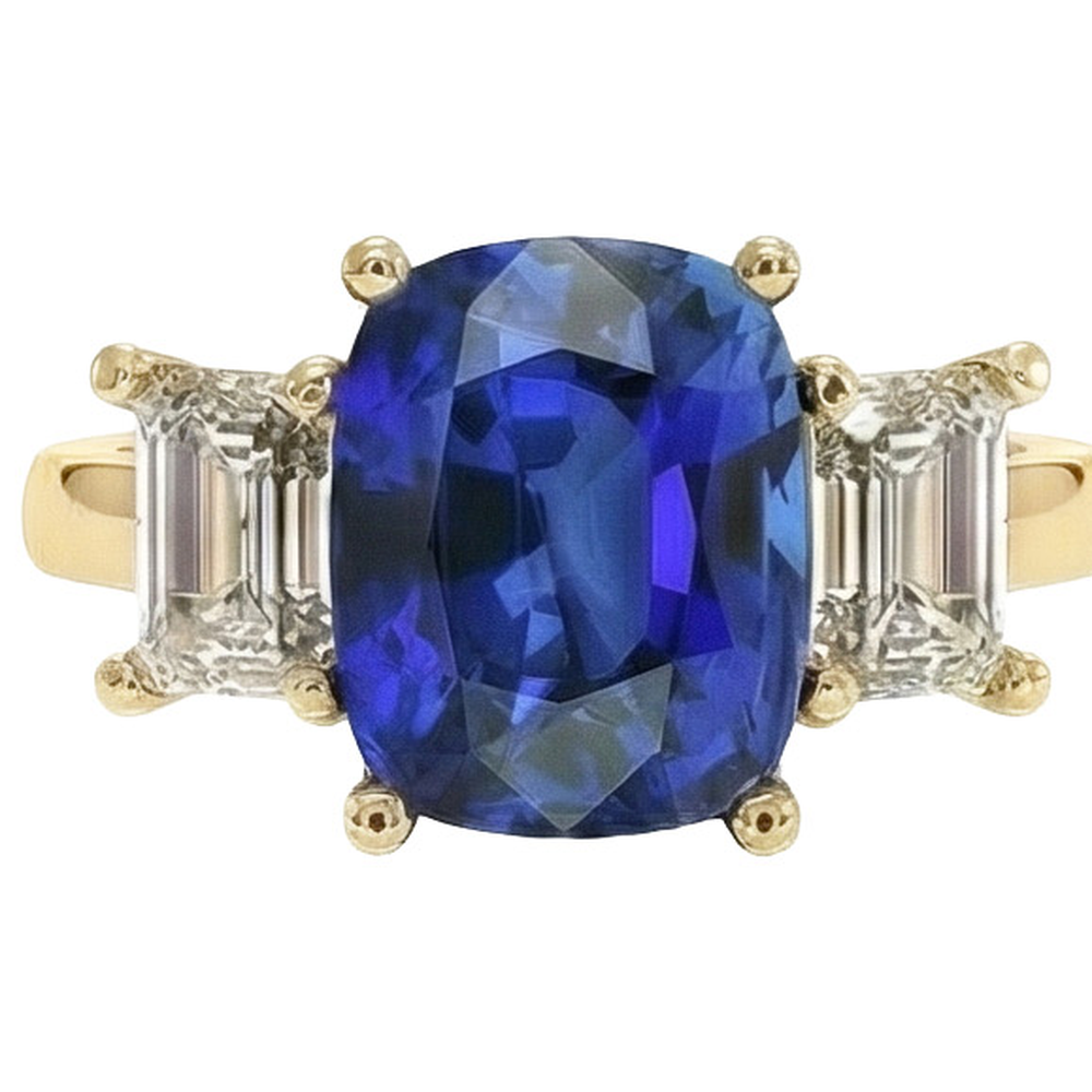 Yellow Gold 3 Stone Ring Cushion Ceylon Sapphire & Natural Earth Mined Diamonds 9 Carats