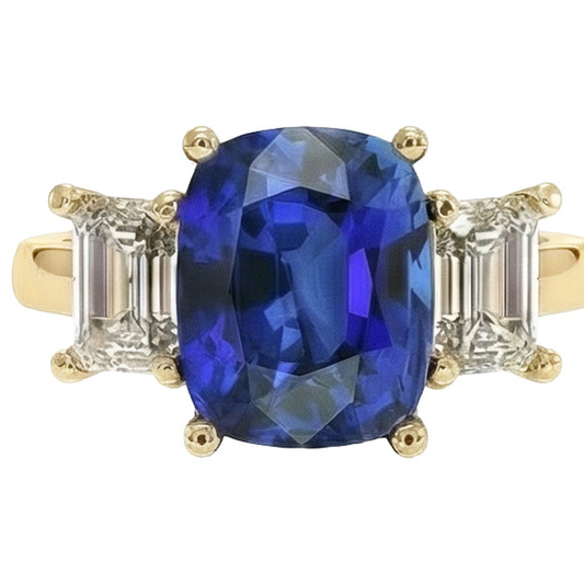 Yellow Gold 3 Stone Ring Cushion Ceylon Sapphire & Natural Earth Mined Diamonds 9 Carats
