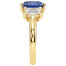 Yellow Gold 3 Stone Ring Cushion Ceylon Sapphire & Natural Earth Mined Diamonds 9 Carats