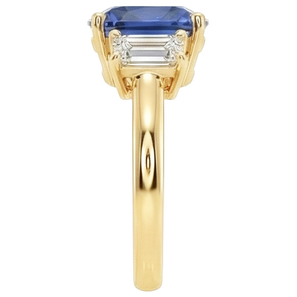 Yellow Gold 3 Stone Ring Cushion Ceylon Sapphire & Natural Earth Mined Diamonds 9 Carats
