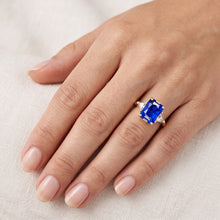 Yellow Gold 3 Stone Ring Radiant Sapphire 3 Carats Trillion Natural Earth Mined Diamonds