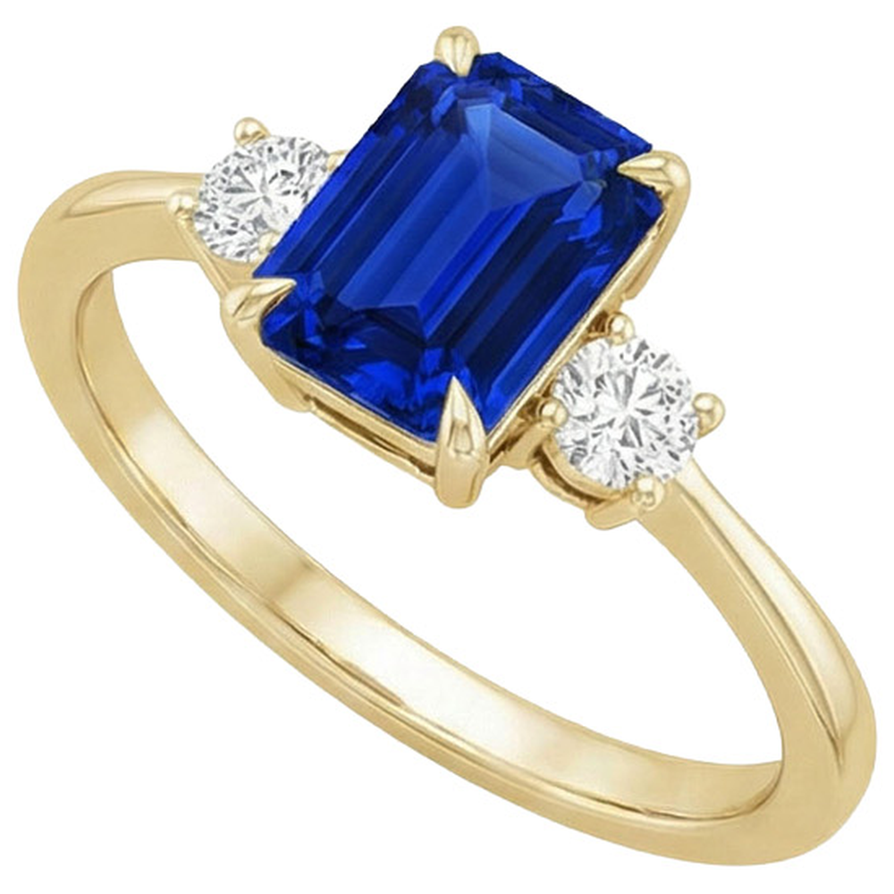 Yellow Gold Emerald 3 Stones Ring Blue Sapphire & Natural Earth Mined Diamond 3.50 Carats