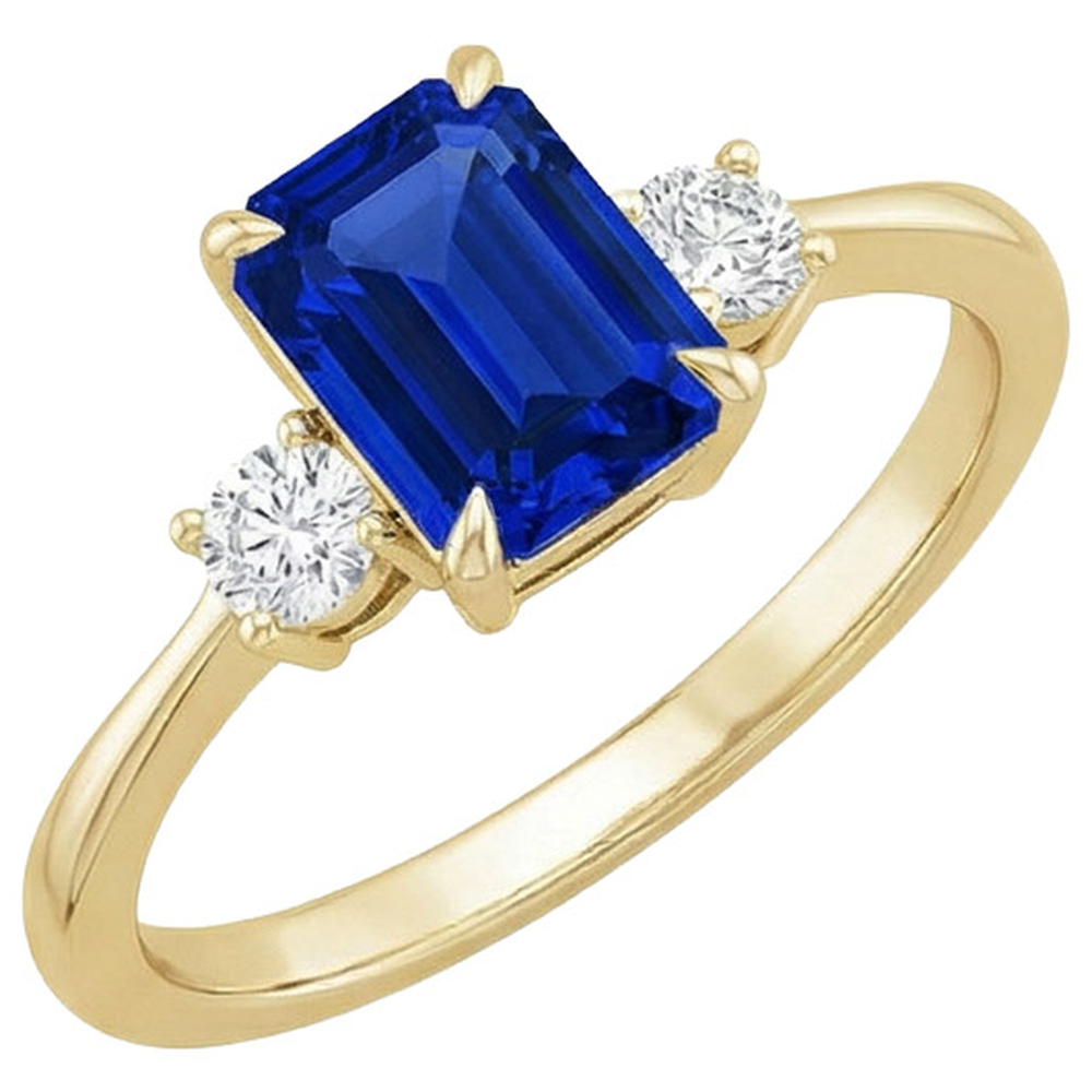 Yellow Gold Emerald 3 Stones Ring Blue Sapphire & Natural Earth Mined Diamond 3.50 Carats