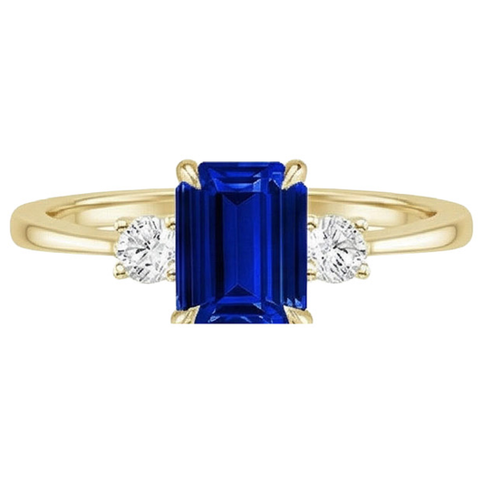 Yellow Gold Emerald 3 Stones Ring Blue Sapphire & Natural Earth Mined Diamond 3.50 Carats