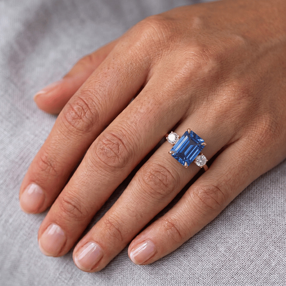 Yellow Gold Emerald 3 Stones Ring Blue Sapphire & Natural Earth Mined Diamond 3.50 Carats