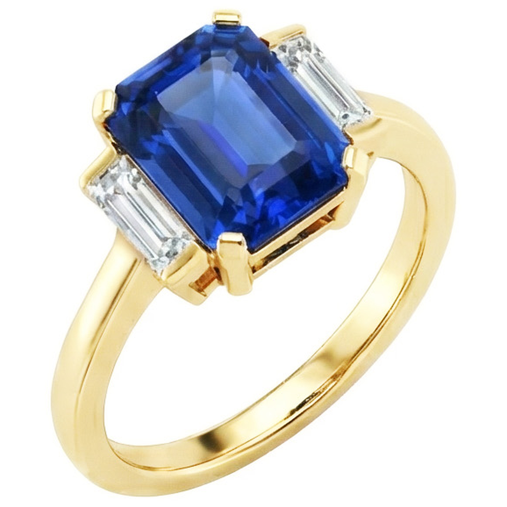 Yellow Gold Emerald Gemstone Ring Baguette Natural Earth Mined Diamonds 5 Carats 3 Stone