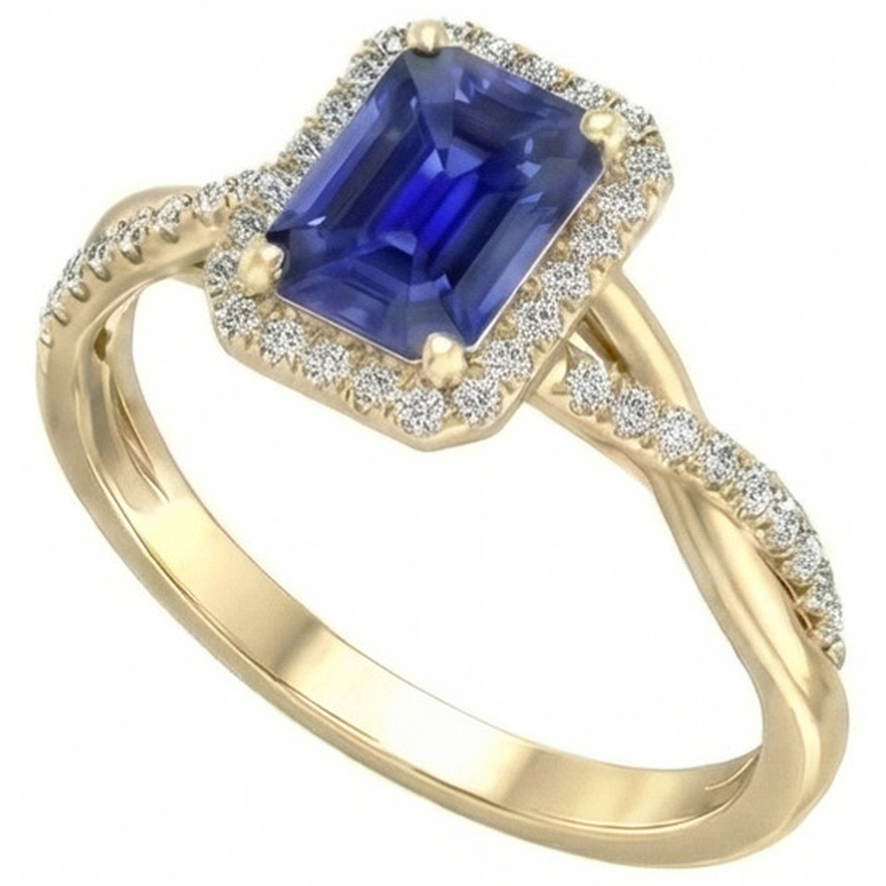 Yellow Gold Halo Ring Emerald Shaped Sri Lankan Sapphire 3 Carats