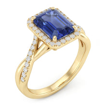 Yellow Gold Halo Ring Emerald Shaped Sri Lankan Sapphire 3 Carats