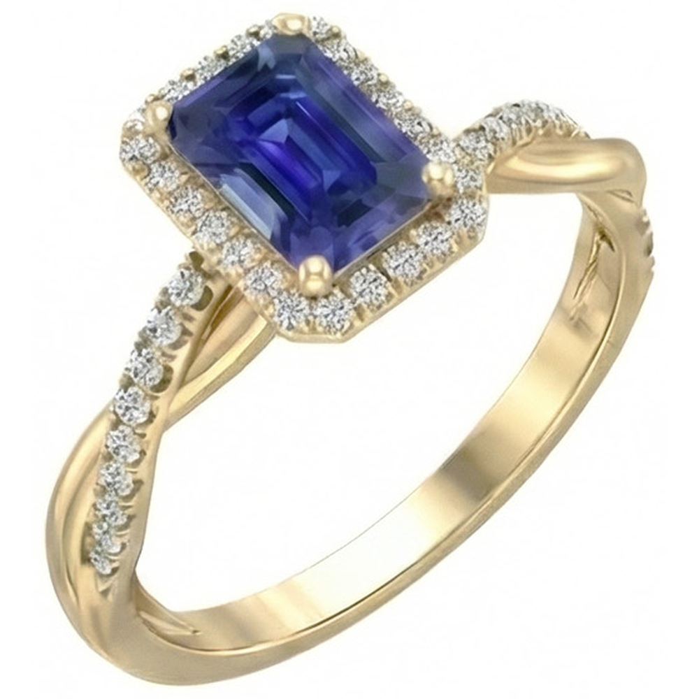 Yellow Gold Halo Ring Emerald Shaped Sri Lankan Sapphire 3 Carats