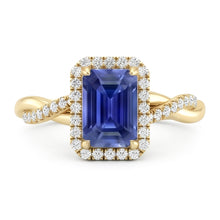 Yellow Gold Halo Ring Emerald Shaped Sri Lankan Sapphire 3 Carats