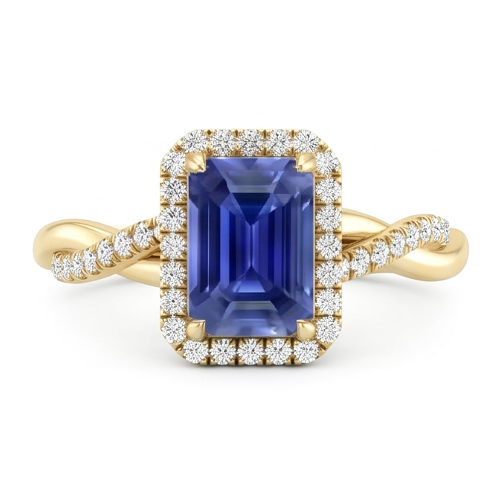 Yellow Gold Halo Ring Emerald Shaped Sri Lankan Sapphire 3 Carats