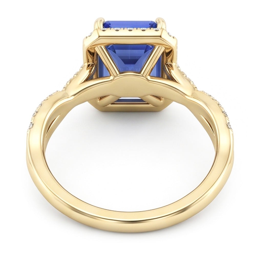 Yellow Gold Halo Ring Emerald Shaped Sri Lankan Sapphire 3 Carats