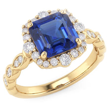 Yellow Gold Halo Ring Flower Style Asscher Blue Sapphire 4.50 Carats