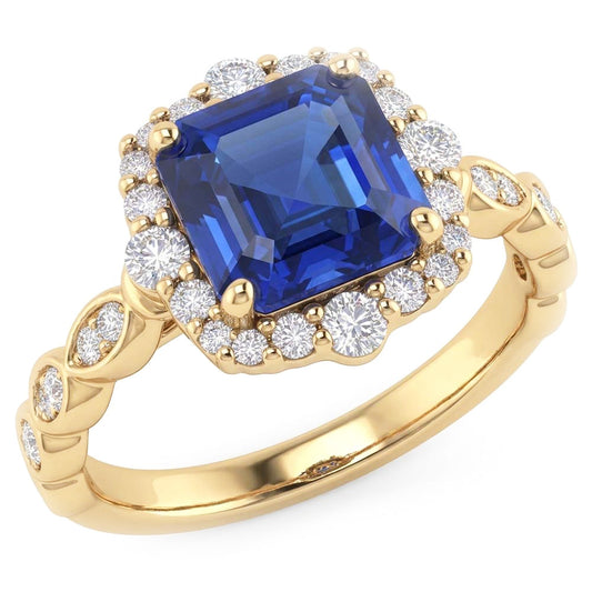 Yellow Gold Halo Ring Flower Style Asscher Blue Sapphire 4.50 Carats
