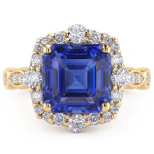 Yellow Gold Halo Ring Flower Style Asscher Blue Sapphire 4.50 Carats