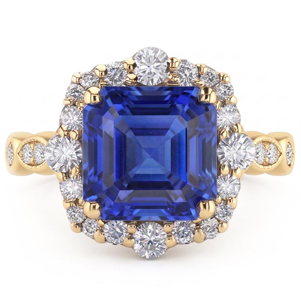 Yellow Gold Halo Ring Flower Style Asscher Blue Sapphire 4.50 Carats