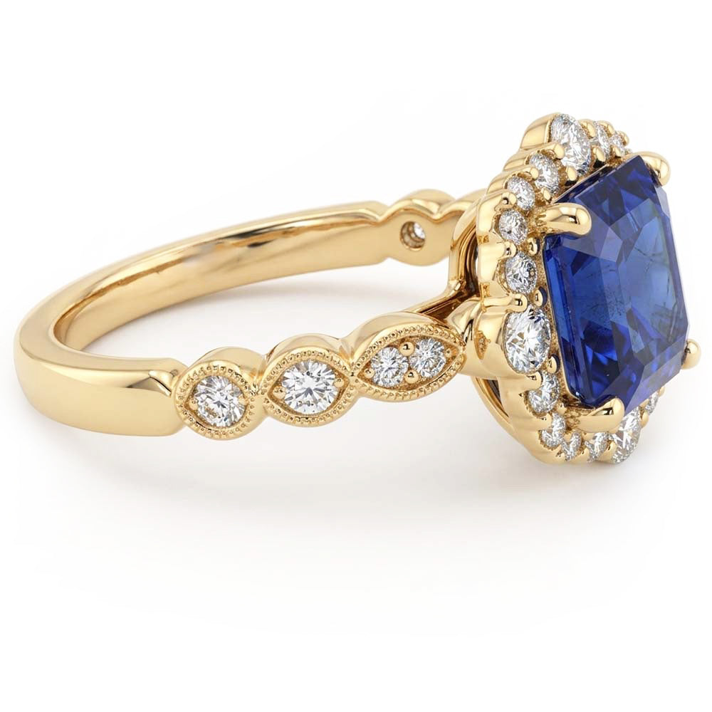 Yellow Gold Halo Ring Flower Style Asscher Blue Sapphire 4.50 Carats