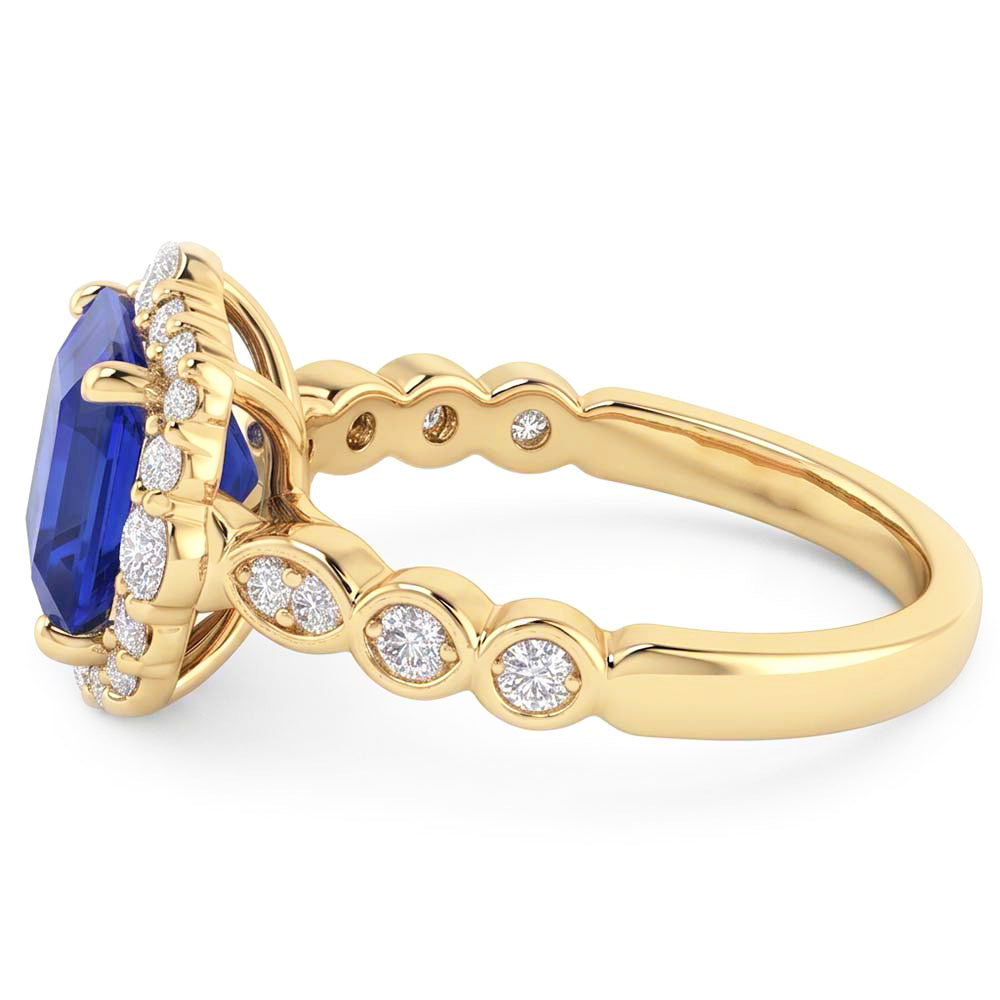 Yellow Gold Halo Ring Flower Style Asscher Blue Sapphire 4.50 Carats