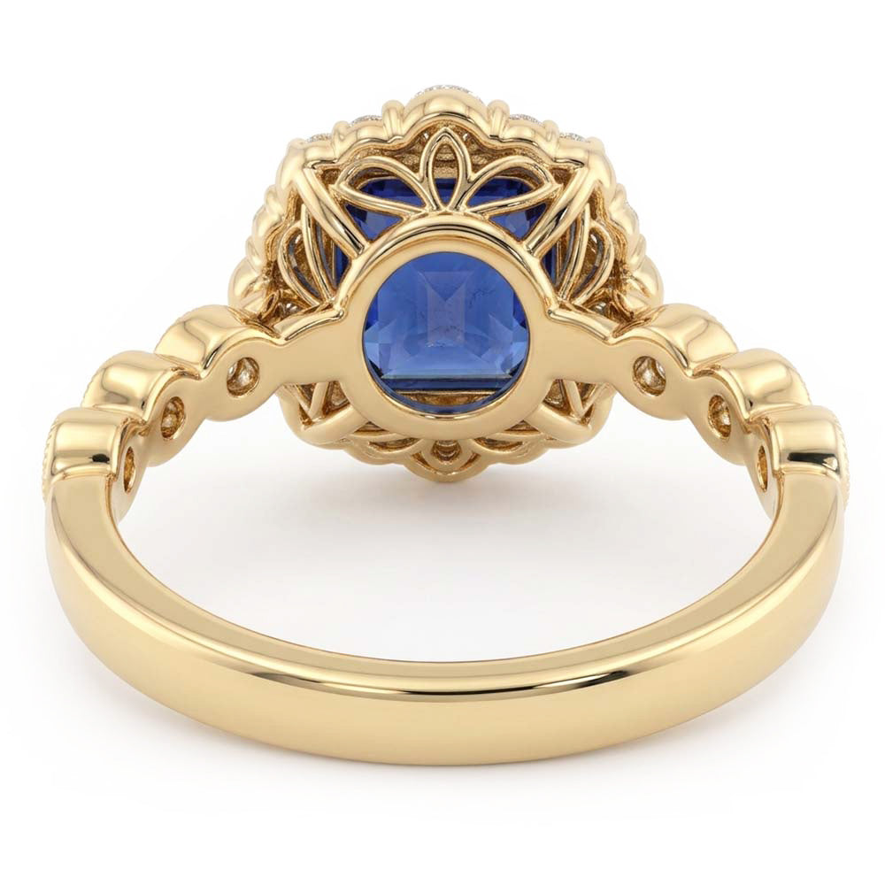 Yellow Gold Halo Ring Flower Style Asscher Blue Sapphire 4.50 Carats