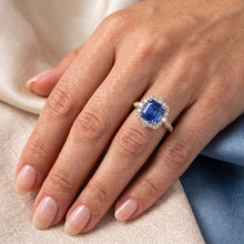 Yellow Gold Halo Ring Flower Style Asscher Blue Sapphire 4.50 Carats