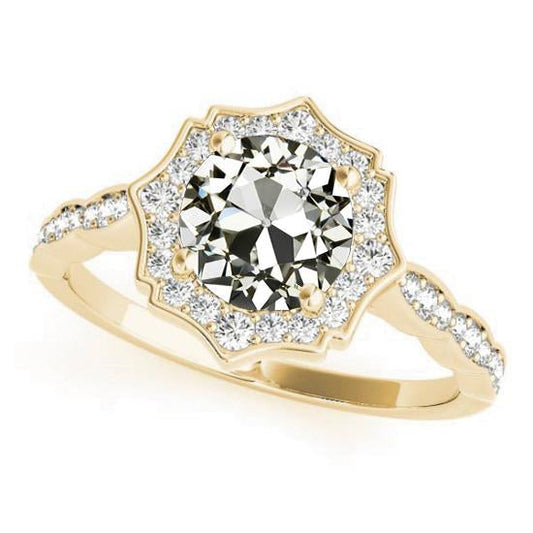 Yellow Gold Halo Round Old Cut Real Diamond Ring 4.50 Carats Pave Set