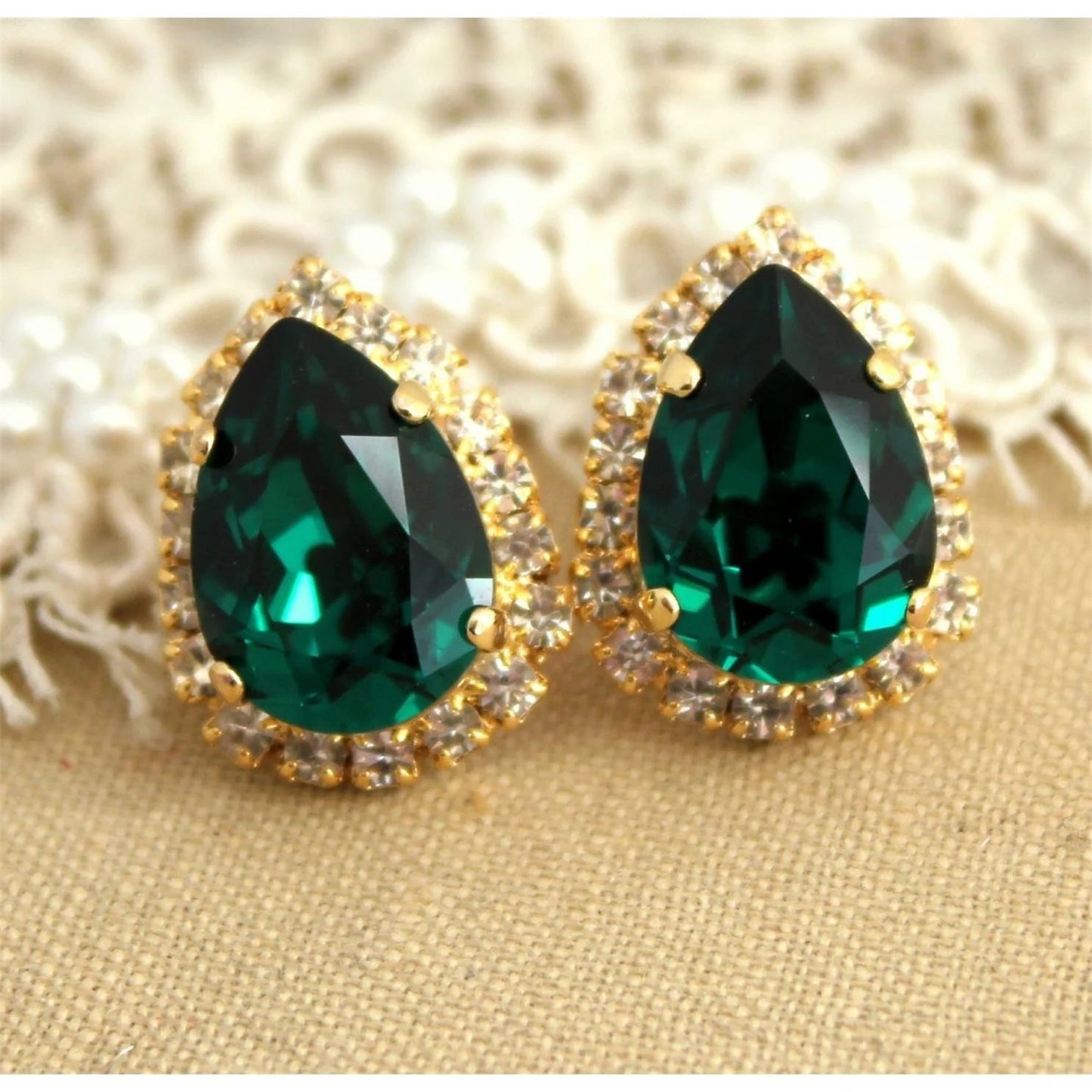 Yellow Gold Lady Green Emerald With Diamond Studs Halo Ear Ring Fine Jewelry