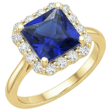 Yellow Gold Natural Earth Mined Diamond Halo Ring With Princess Cut Blue Sapphire 6 Carats