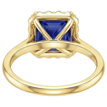 Yellow Gold Natural Earth Mined Diamond Halo Ring With Princess Cut Blue Sapphire 6 Carats