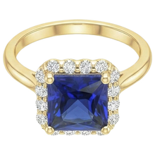 Yellow Gold Natural Earth Mined Diamond Halo Ring With Princess Cut Blue Sapphire 6 Carats