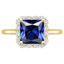 Yellow Gold Natural Earth Mined Diamond Halo Ring With Princess Cut Blue Sapphire 6 Carats