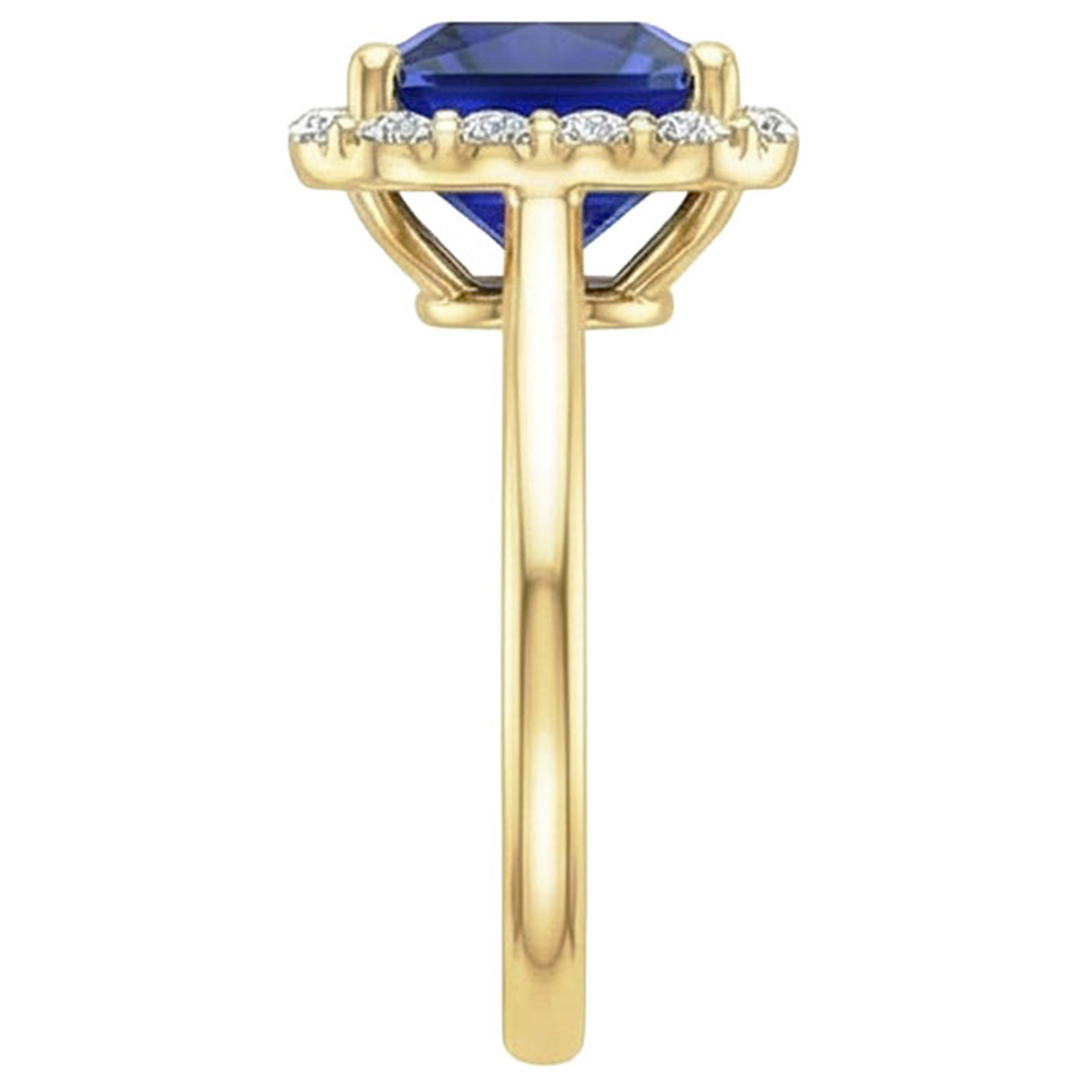 Yellow Gold Natural Earth Mined Diamond Halo Ring With Princess Cut Blue Sapphire 6 Carats