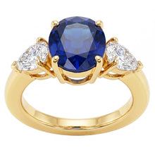 Yellow Gold Oval Blue Sapphire & Pear Natural Earth Mined Diamond 3 Stone Ring 5.25 Carats