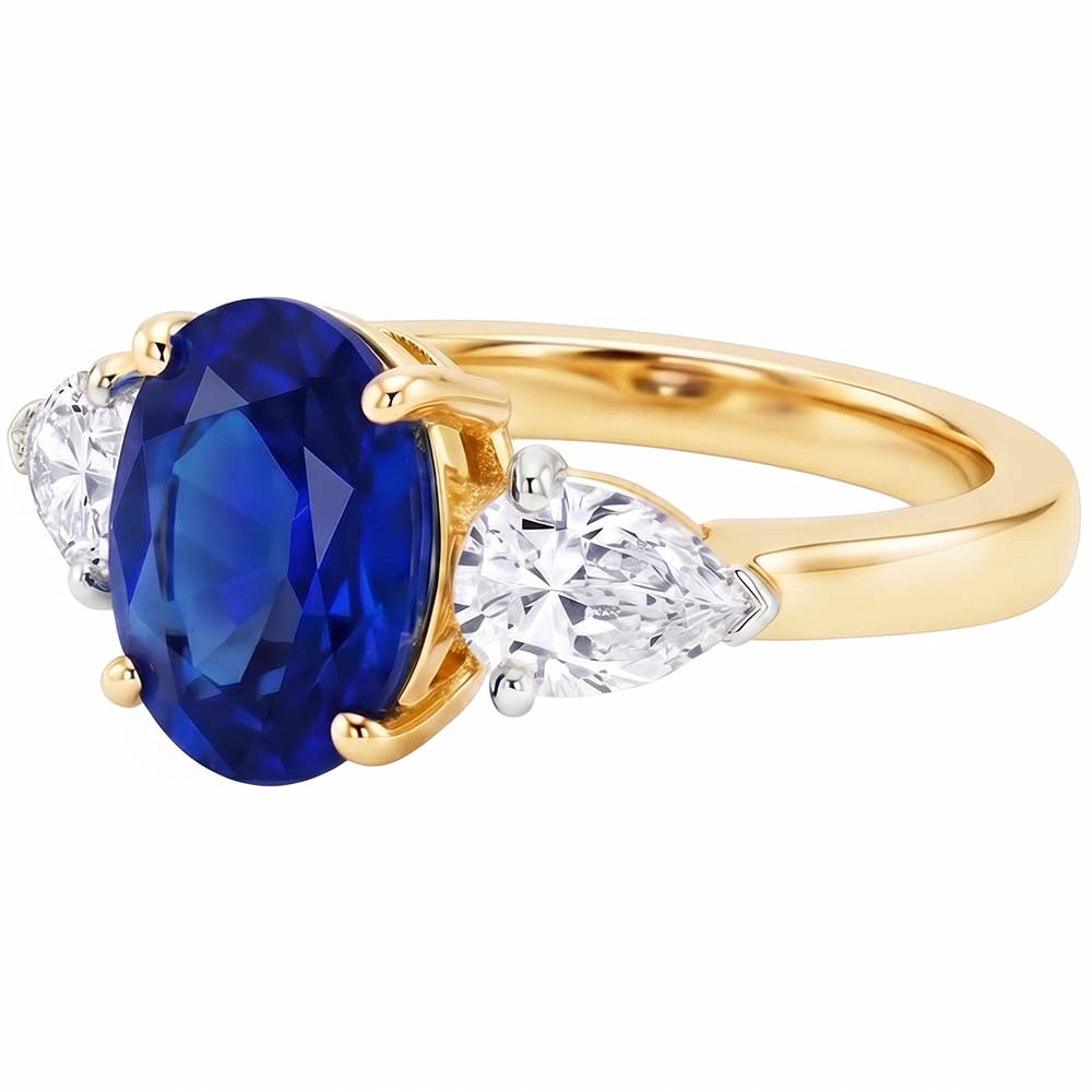 Yellow Gold Oval Blue Sapphire & Pear Natural Earth Mined Diamond 3 Stone Ring 5.25 Carats